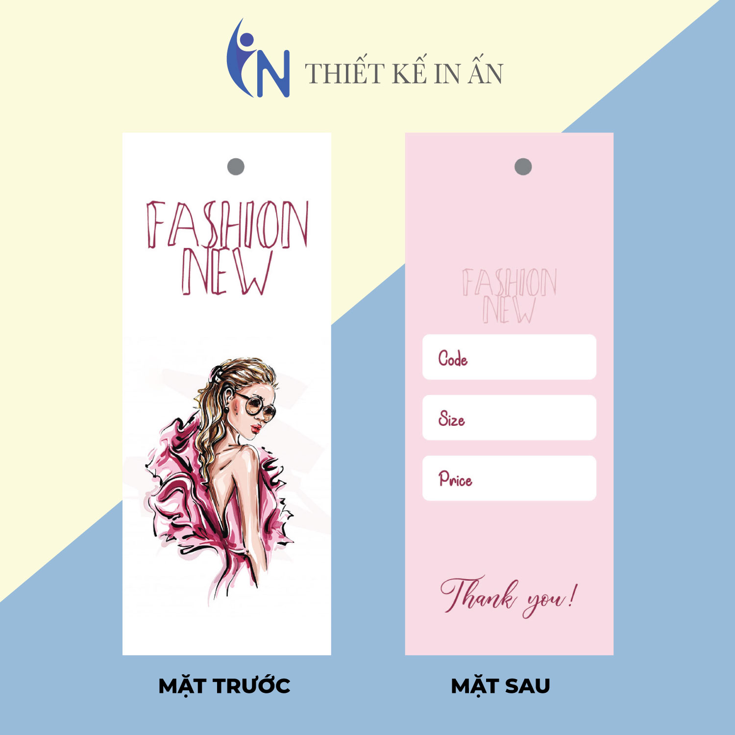 Mác quần áo, Tag nhãn quần áo,  IN GIÁ RẺ cho shop bán hàng quần áo thời trang, bìa cứng, cán màng chất lượng cao - Gói 100 bộ - size 3.6x9cm