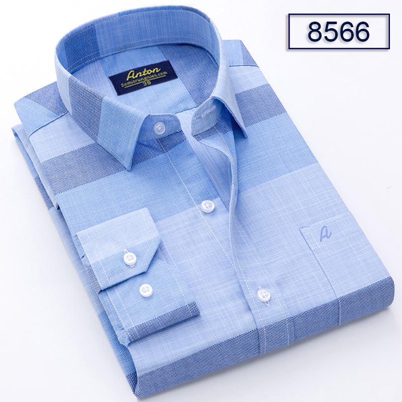 Áo Sơ Mi Nam Thương Hiệu Anton Dài Tay Công Sở Trung Niên Vải Cotton Họa Tiết Kẻ Caro Màu Xanh - 8566