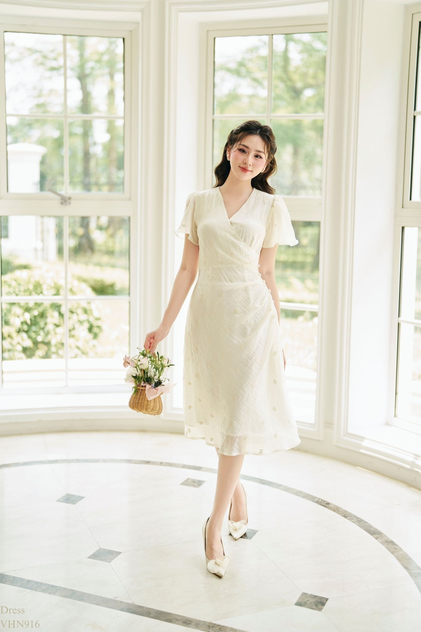 Váy cổ tim vạt chéo nhún eo khuy tiinstore vhn916