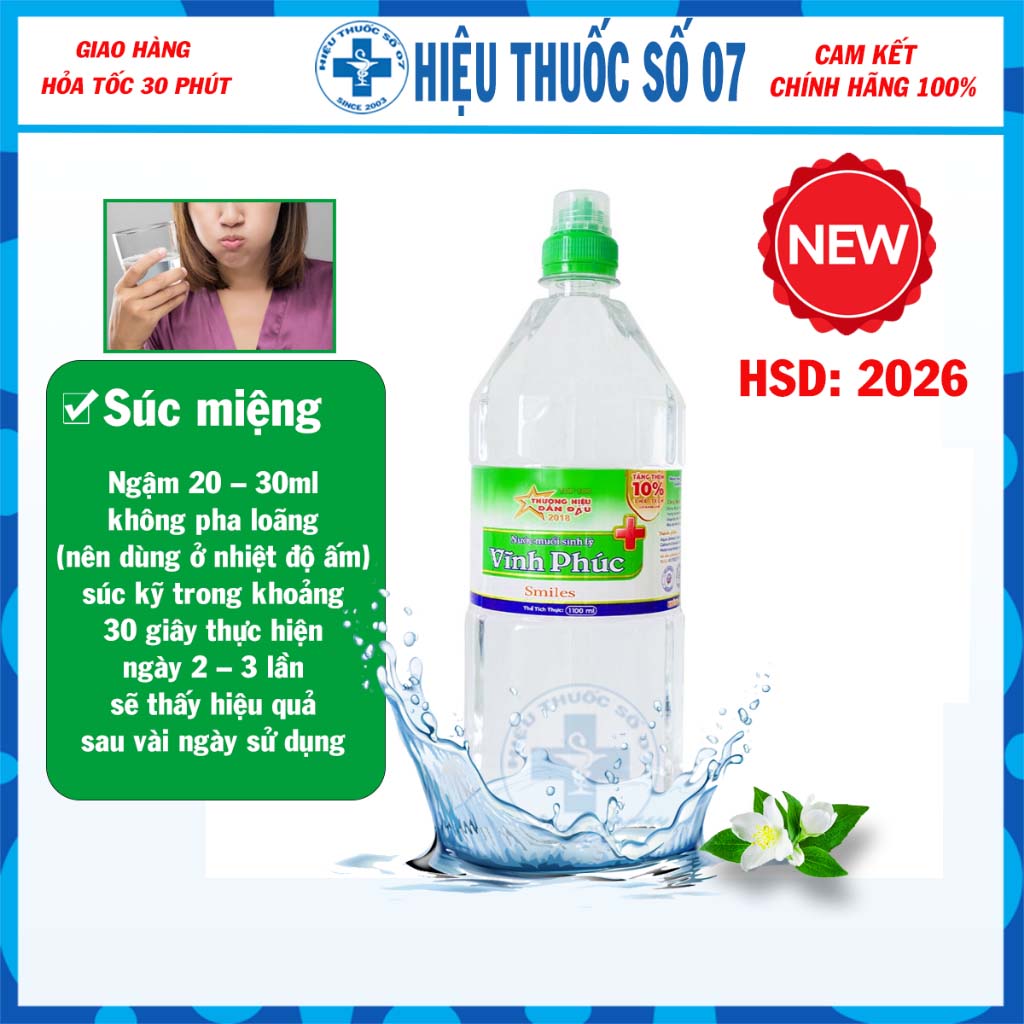 Nước Muối Sinh Lý Vĩnh Phúc Natri Clorid 0.9% Rửa Mũi Sát Khuẩn Chai 1000ml
