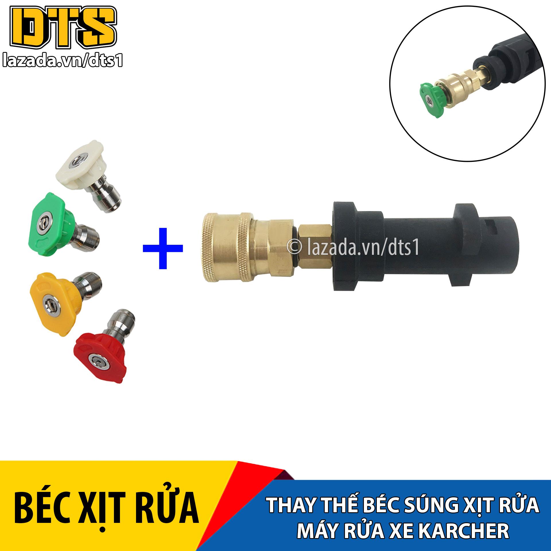 Bộ đầu chuyển và 4 béc phun thay béc súng xịt rửa máy rửa xe Karcher K2 - K7 Đầu béc xịt có thể thao rời, điều chỉnh áp lực nước tiện lợi, dễ dàng Chất liệu: Thép không gỉ, bền bỉ chịu áp lực nước cao
