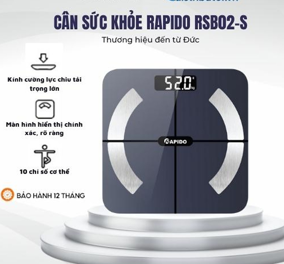 Cân Sức Khỏe Thông Minh Rapido RSB02-S màn hình LCD lớn kết nối bluetooth phân tích các chỉ số cơ thể,  lượng mỡ, lượng chất khoa học