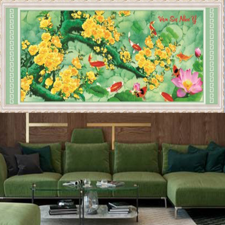 Tranh thêu chữ thập mai vàng vạn sự như ý 53590 - kích thước 92 * 42