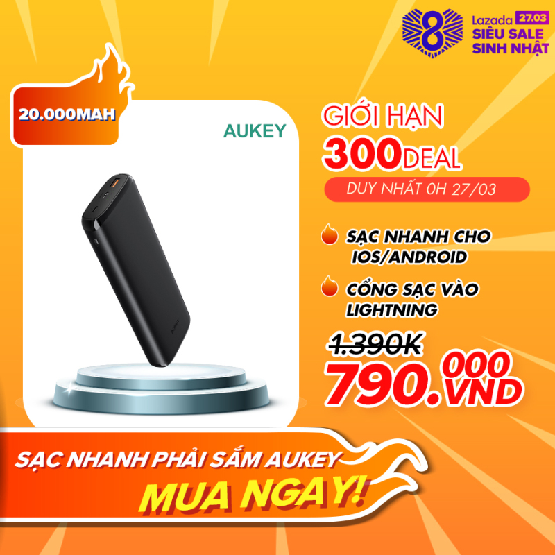 Giá Pin Sạc Dự Phòng 20000mAh AUKEY PB-Y23 1 Cổng Sạc Nhanh QC 3.0, 1 Cổng Type C Power Delivery 18W, Hỗ Trợ Sạc Vào Bằng Cổng Lighting - Hàng Phân Phối Chính Hãng