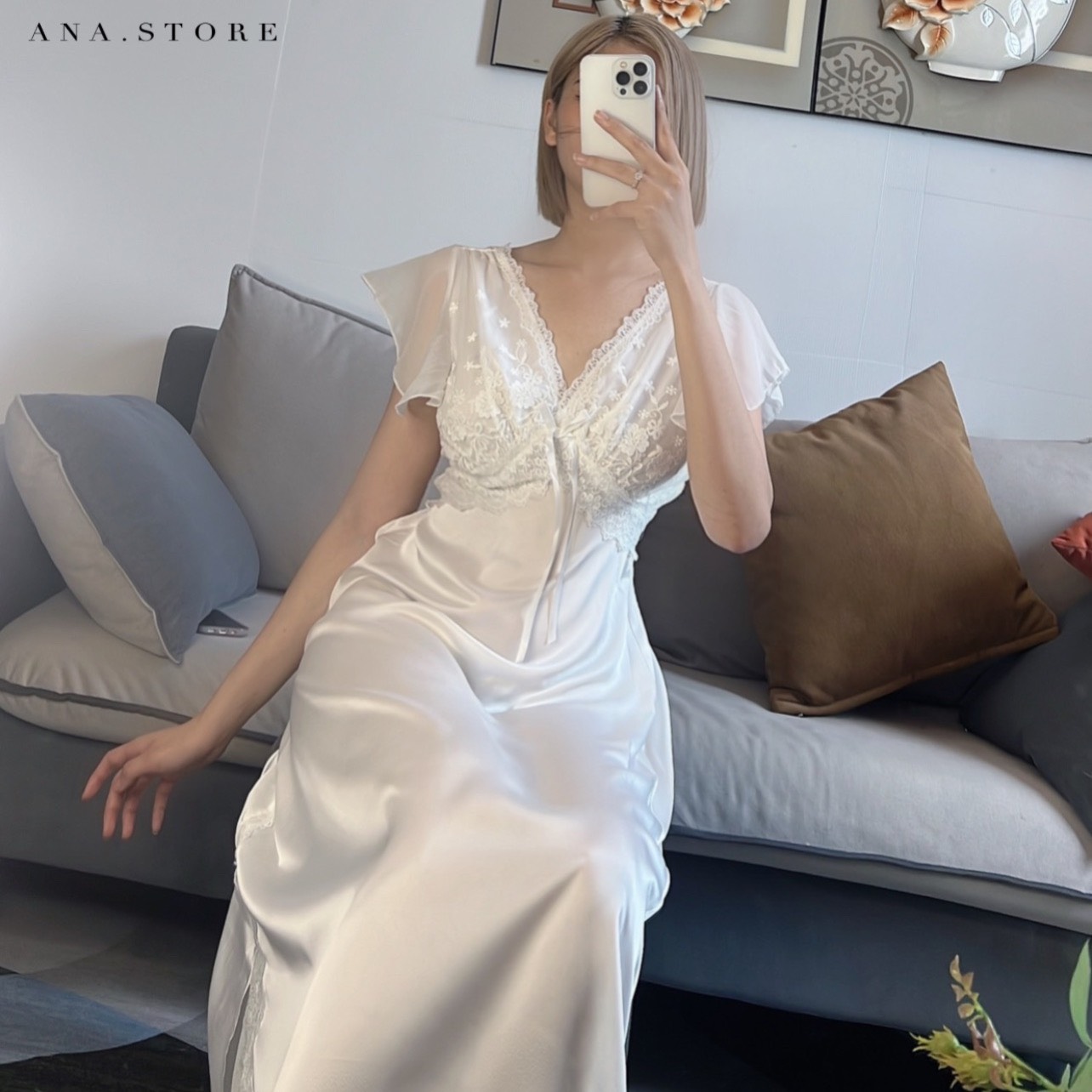Sét Đầm Ngủ Suông Phối Ren Phong Cách Tiểu Thư