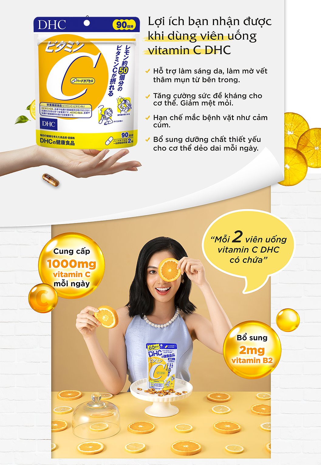 Viên uống DHC Vitamin C Hard Capsule túi 30 ngày, 90 ngày của Nhật Bản dùng tăng sức đề kháng, hỗ trợ sáng da