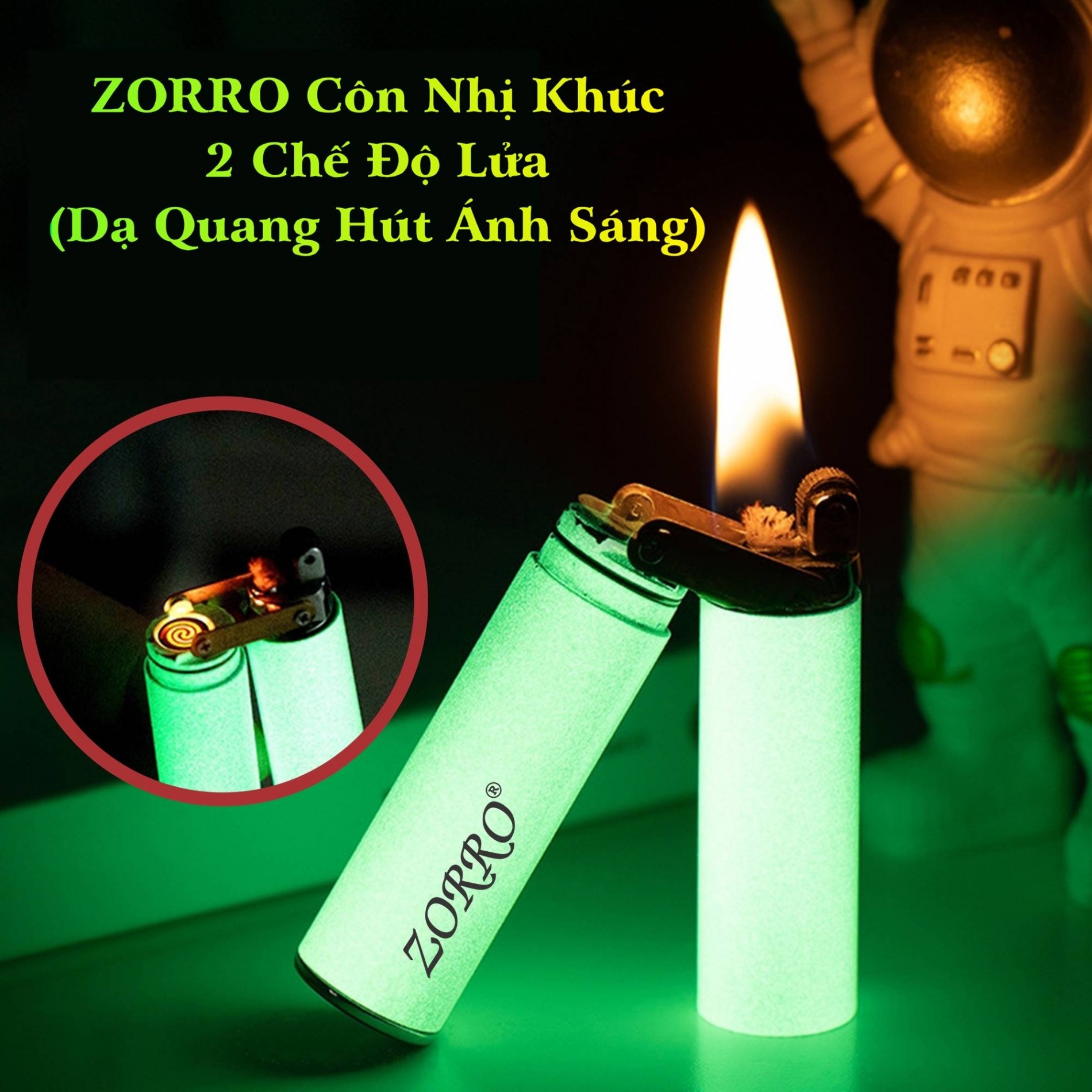 Bật lửa zorro côn nhị khúc 2 chế độ lửa - dạ quang hút ánh sáng -