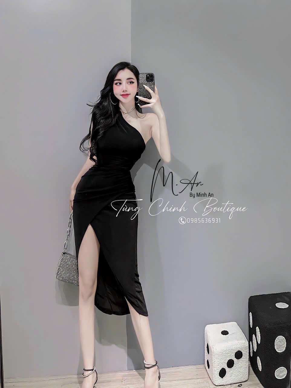 Đầm nữ  lệch vai đắp chéo sẻ tà cao cực sang ba