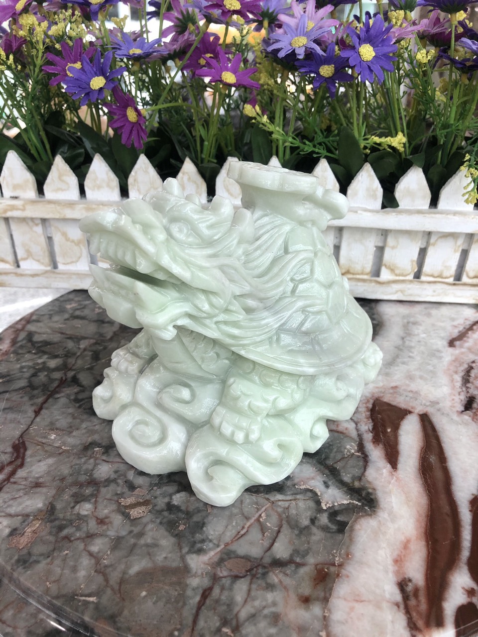 Tượng Long Quy ( Rùa đầu rồng ) cõng gậy như ý phong thủy đá cẩm thạch trắng xanh - Dài 15 cm