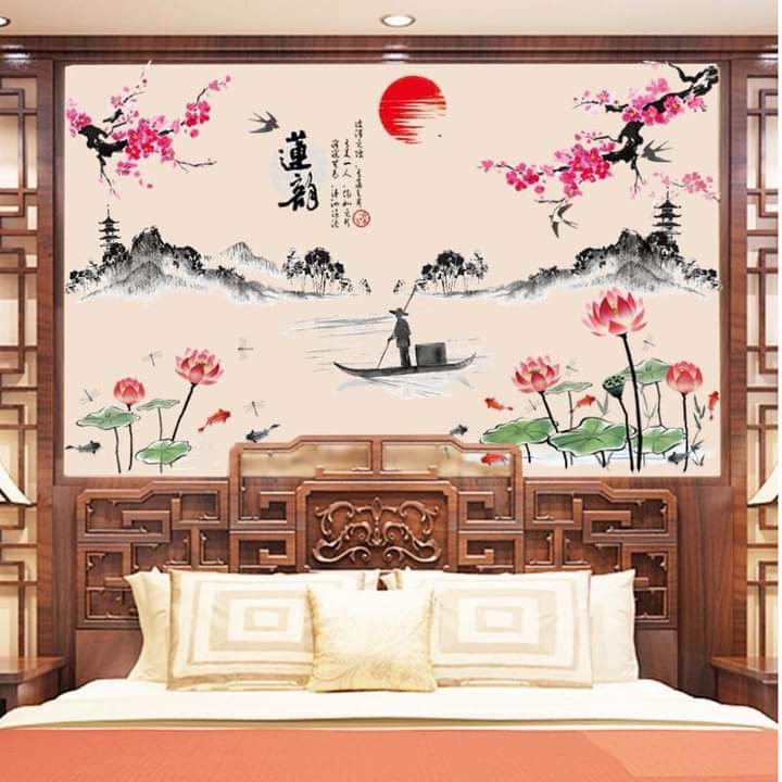 Decal dán tường tết tranh sơn thủy và sen phong thủy