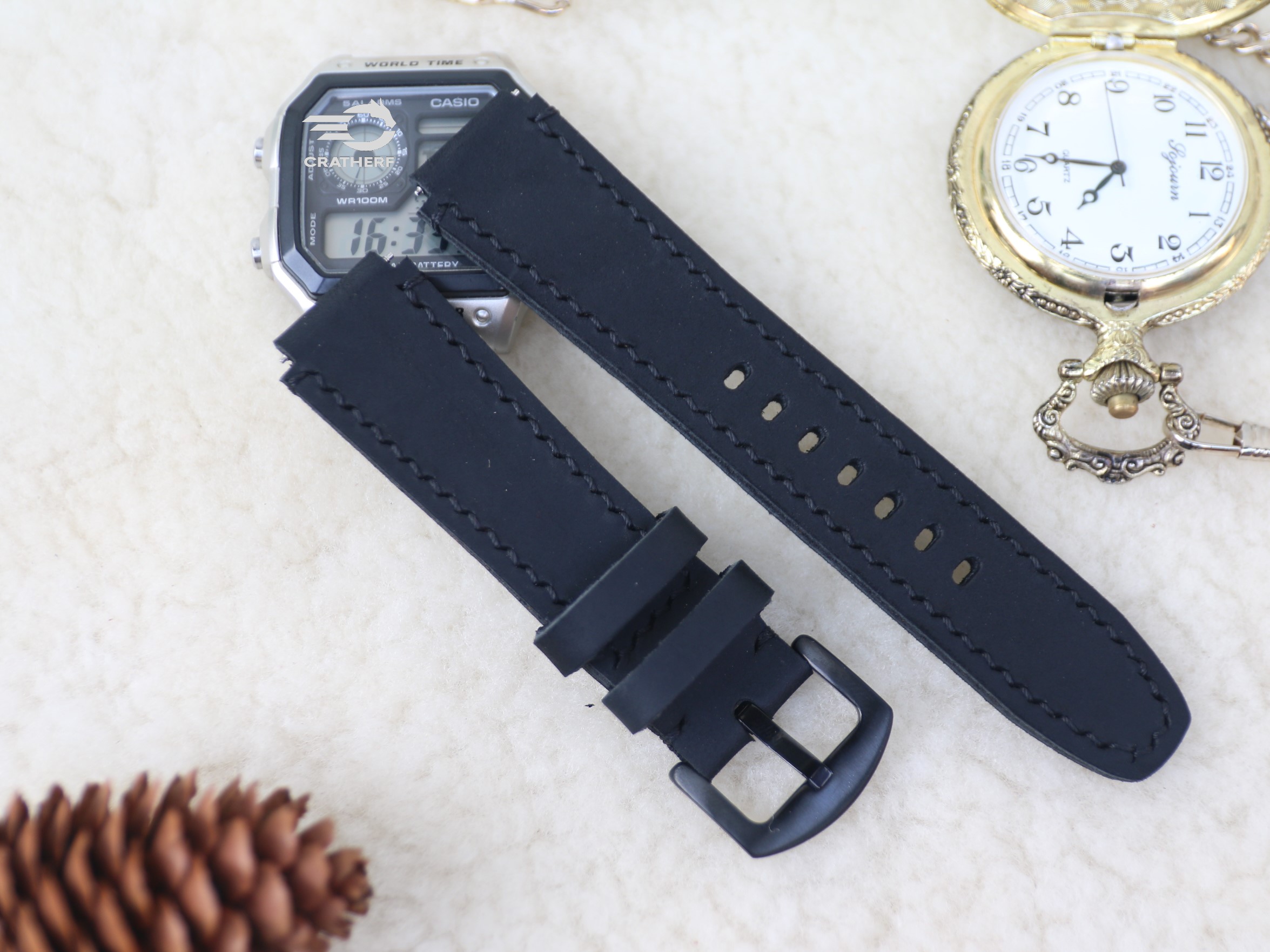 Dây da thay thế đồng hồ Casio AE1200 da bò sáp handmade