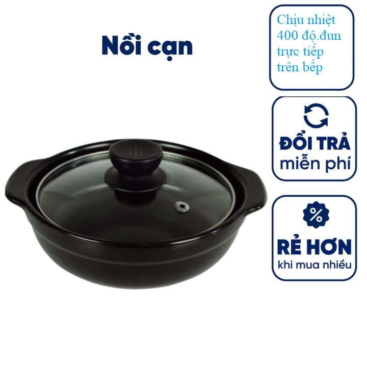 Nồi đất tráng men nắp kính 7'' nấu mì cay