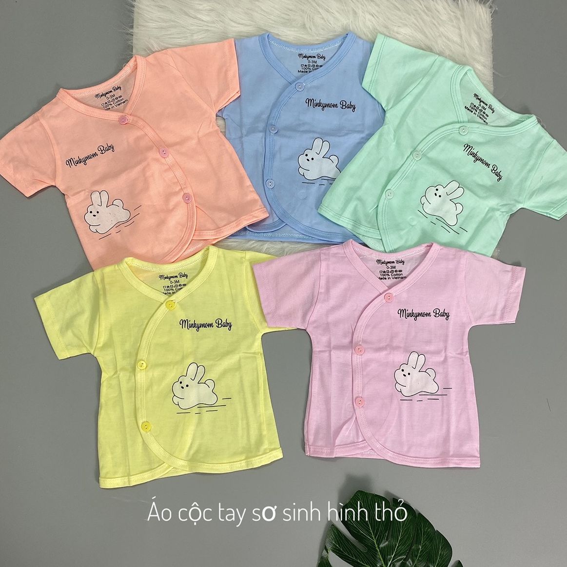 Combo 5 Áo cộc  tay Minky thỏ sơ sinh cổ tim cài chéo