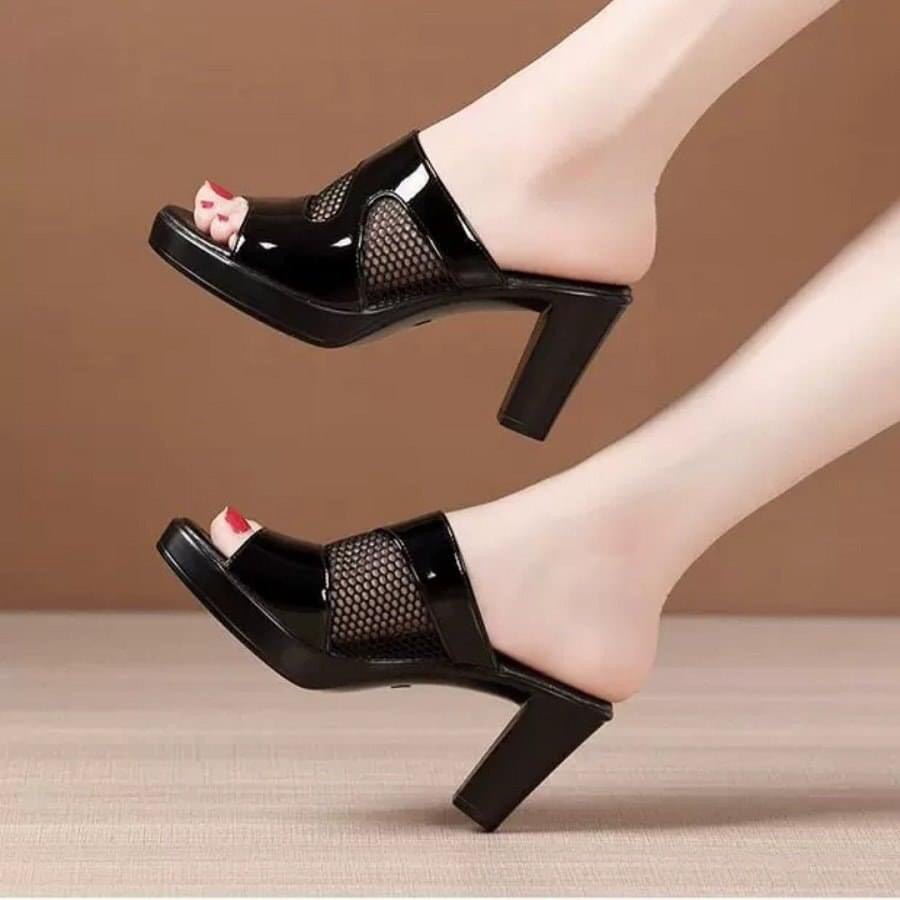 Dép cao gót phối lưới 7p  cao cấp