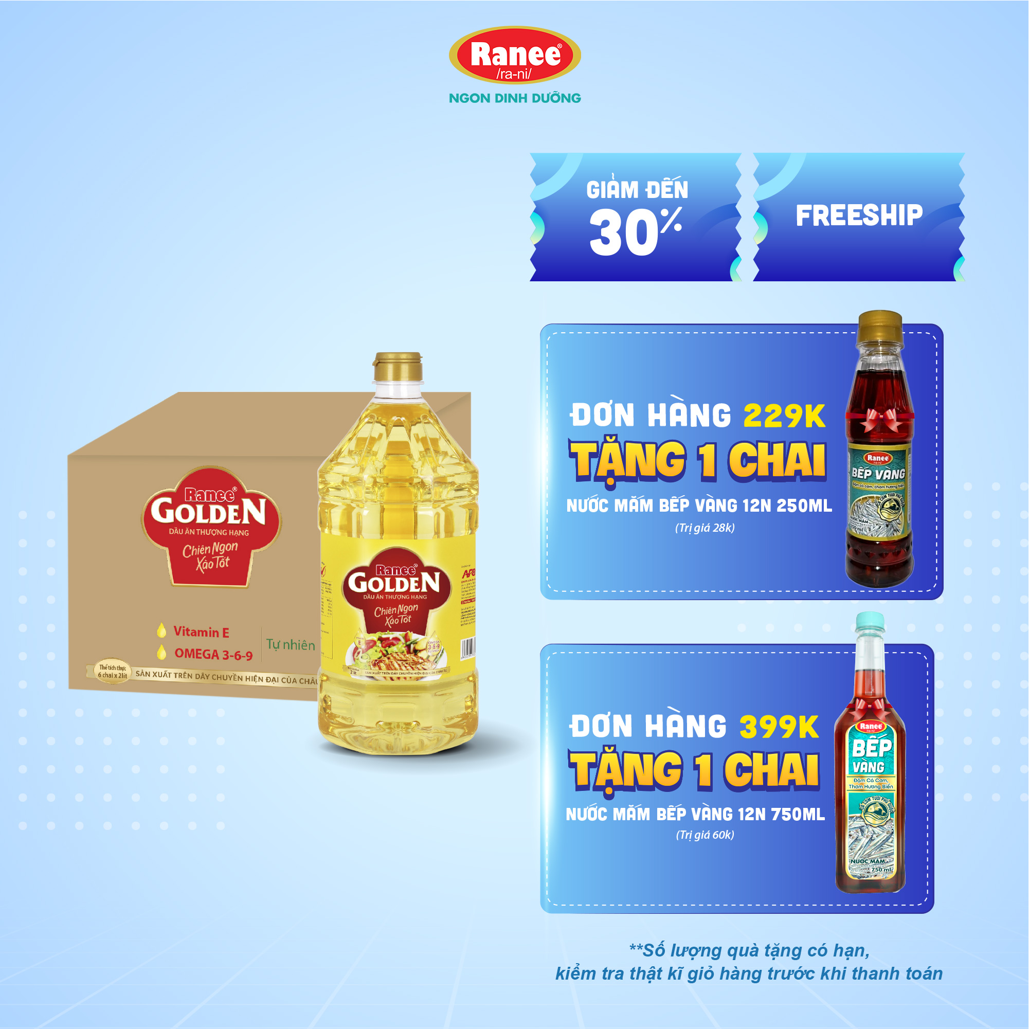 {Đơn 199k tặng hộp chai nước mắm -399k tặng vá gỗ} Thùng dầu ăn Ranee Golden 2 lít (2 lít x 6 chai)