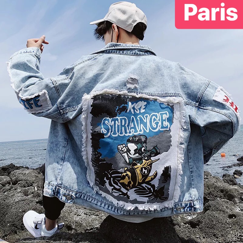 ÁO KHOÁC JEAN NAM CHẤT BÒ XANH BIỂN WASH THU ĐÔNG CHỮ STRANGE HOT CAO CẤP - PARIS FASHION