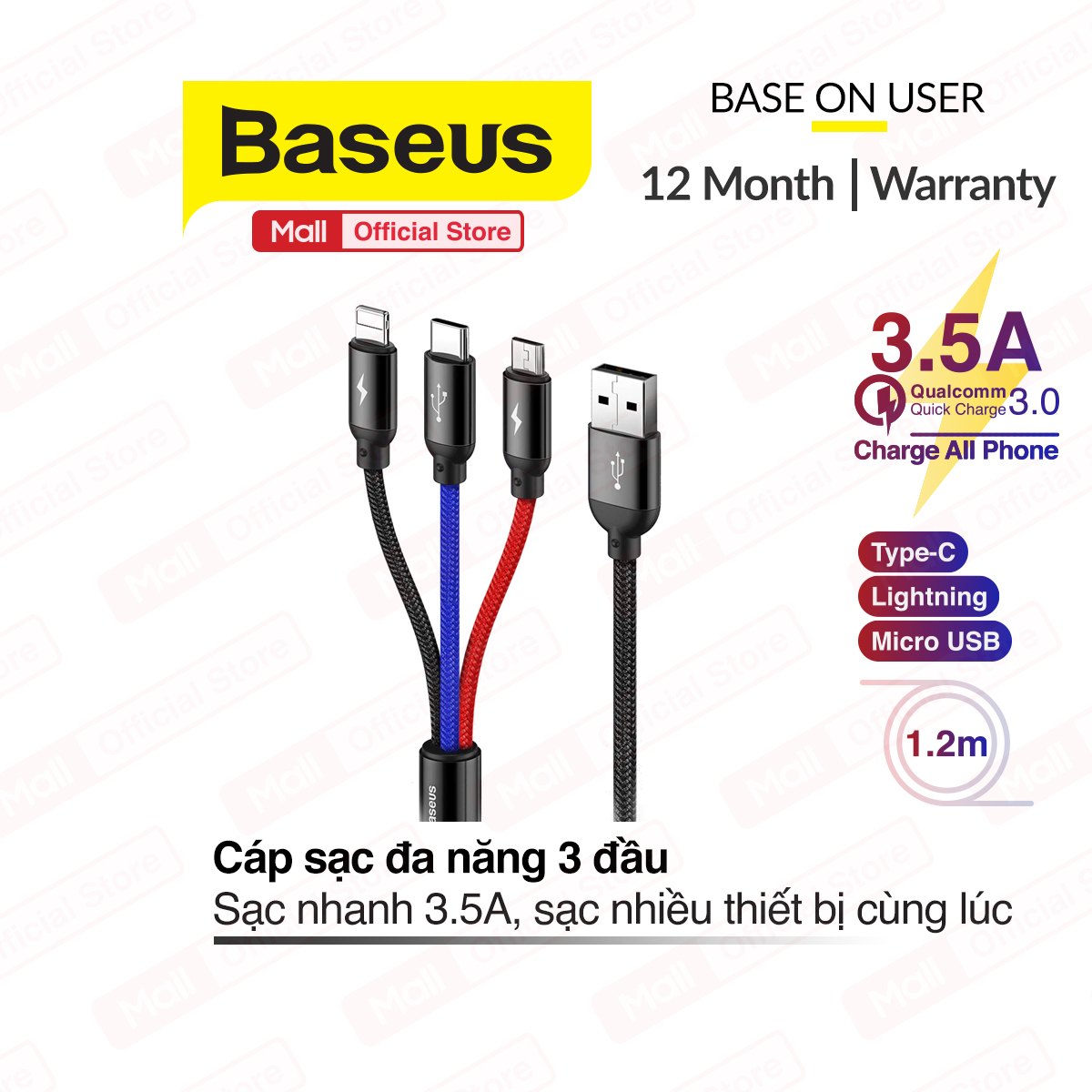 Cáp sạc và truyền dữ liệu tốc độ cao Baseus Three Primary Colors tích hợp 3 đầu kết nối Type C Android và Lightning
