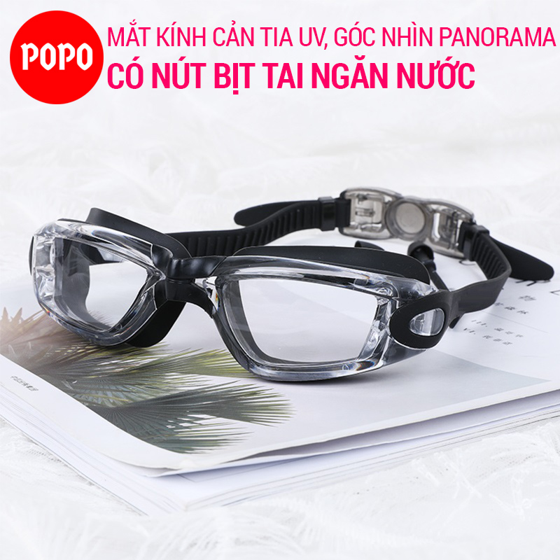 Kính bơi người lớn POPO 1940 kính bơi nam, nữ mắt kính bơi thi đấu chuyên nghiệp có gắn 2 nút bịt tai ngăn nước, mắt kiếng bơi trẻ em, cho bé trên 8 tuổi chống tia UV, hạn chế sương mờ