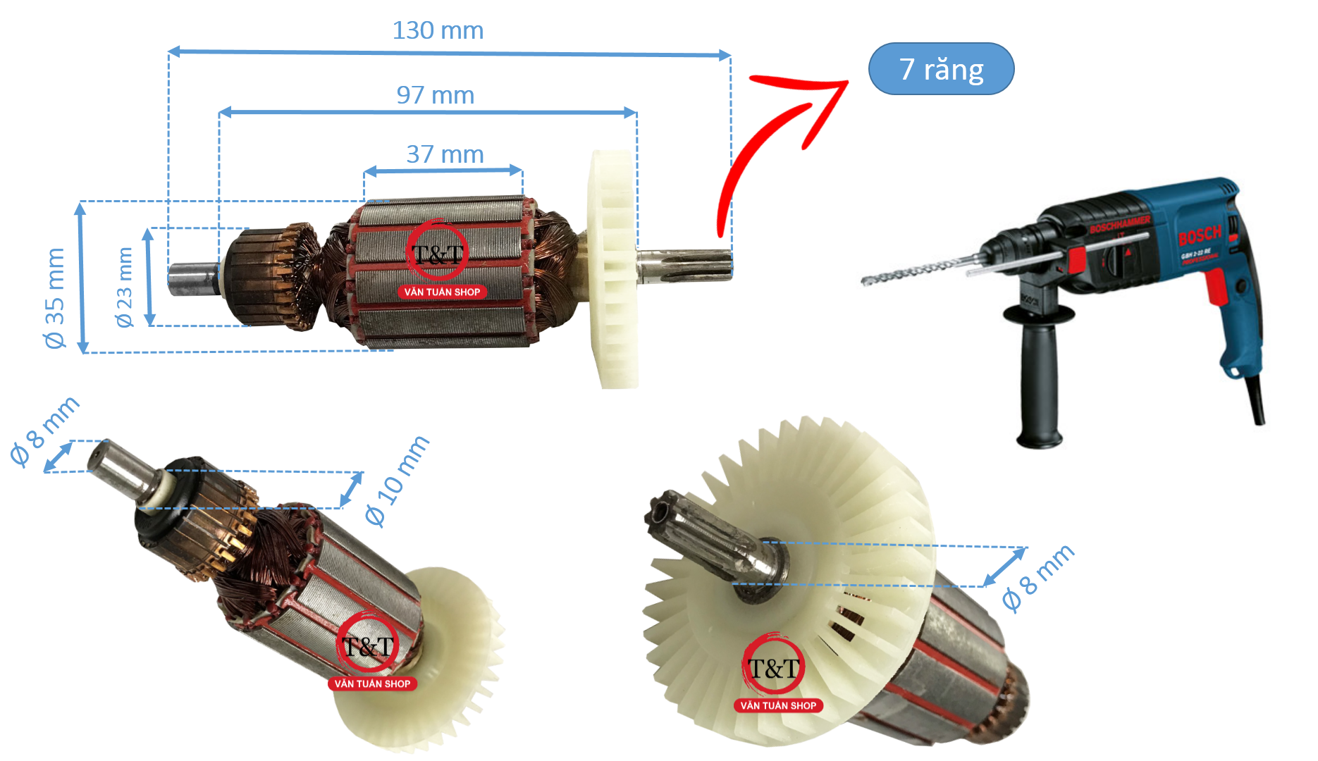 Rotor máy khoan búa GBH 2-20 tặng kèm chổi than