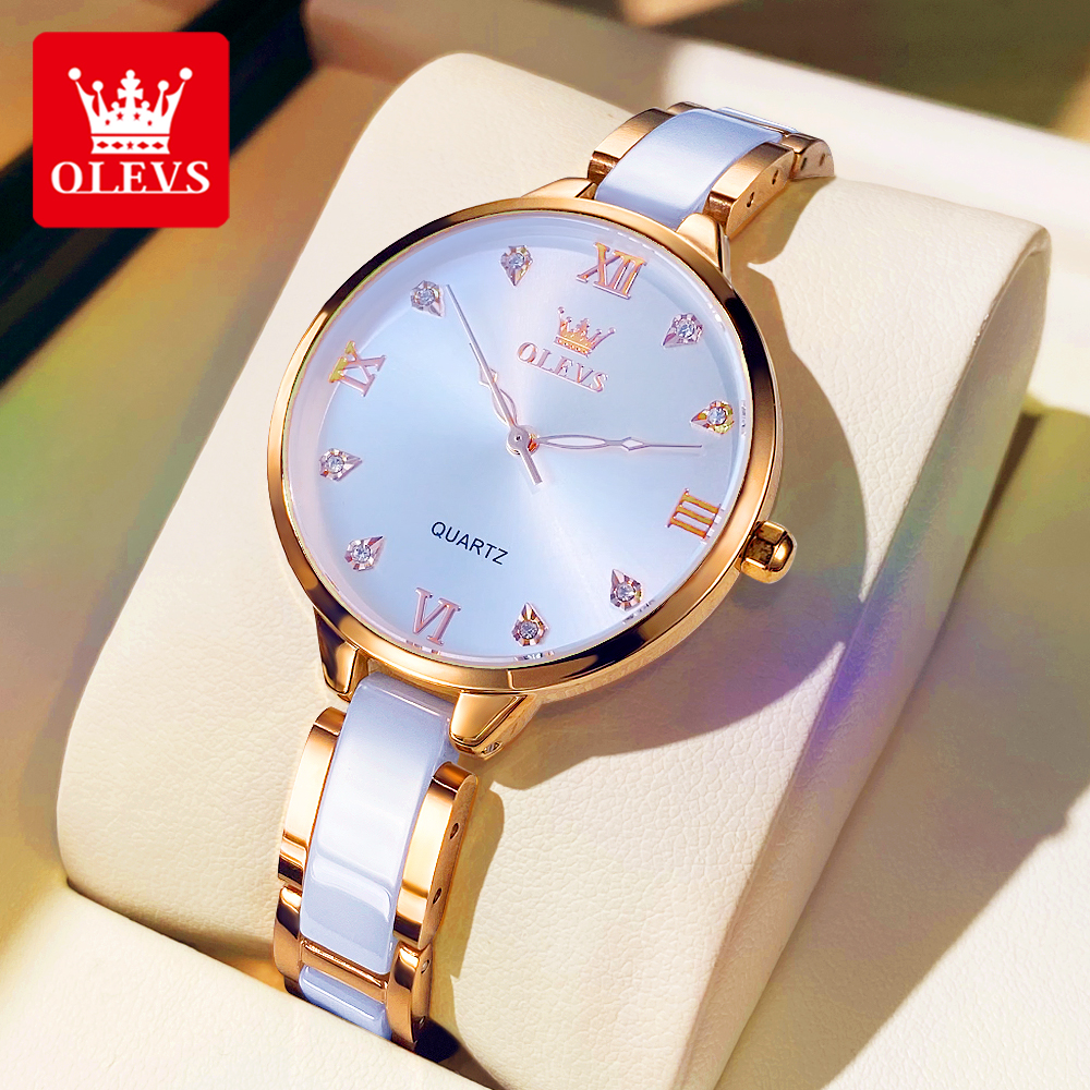 OLEVS Women's Quartz Simple Dress White and Rose Gold Watch Ceramic Ultra Thin Ceramic Dress Women Watch Luxury Rose Gold Quartz Ladies Watch Smart Watch