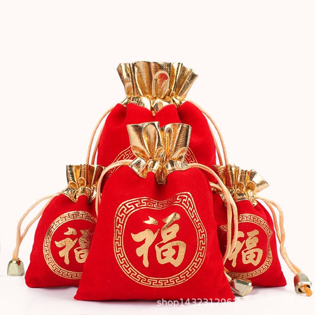 [SIÊU RẺ] Túi nhung rút miệng màu đỏ chữ Phúc