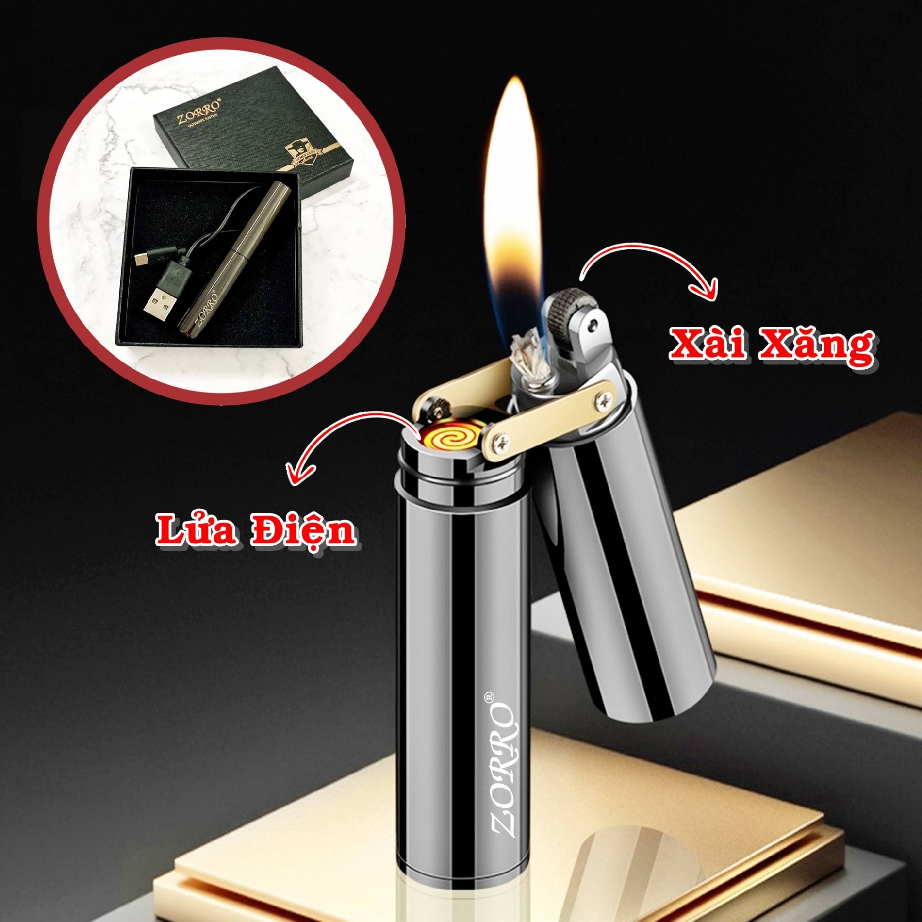 BẬT LỬA ZORRO CÔN NHỊ KHÚC 2 CHẾ ĐỘ LỬA (CHIẾT HOẢ TỬ + XĂNG ĐÁ) (FULLBOX) - (SẠC ĐIỆN - XÀI XĂNG) VÀNG, ĐEN,BẠC