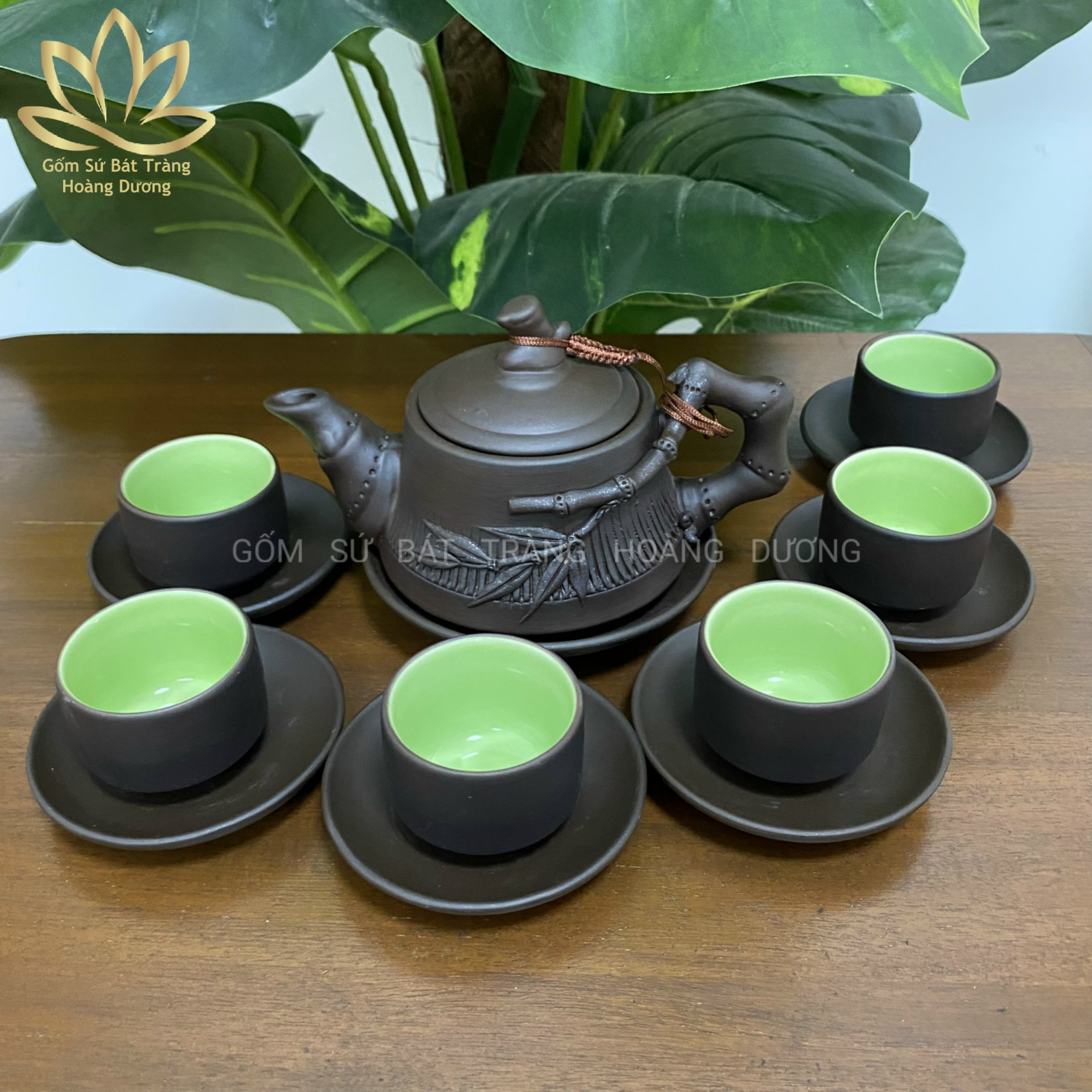 (Hàng nghệ nhân) Bộ ấm chén Bát Tràng đất nung cành trúc 260ml màu đen