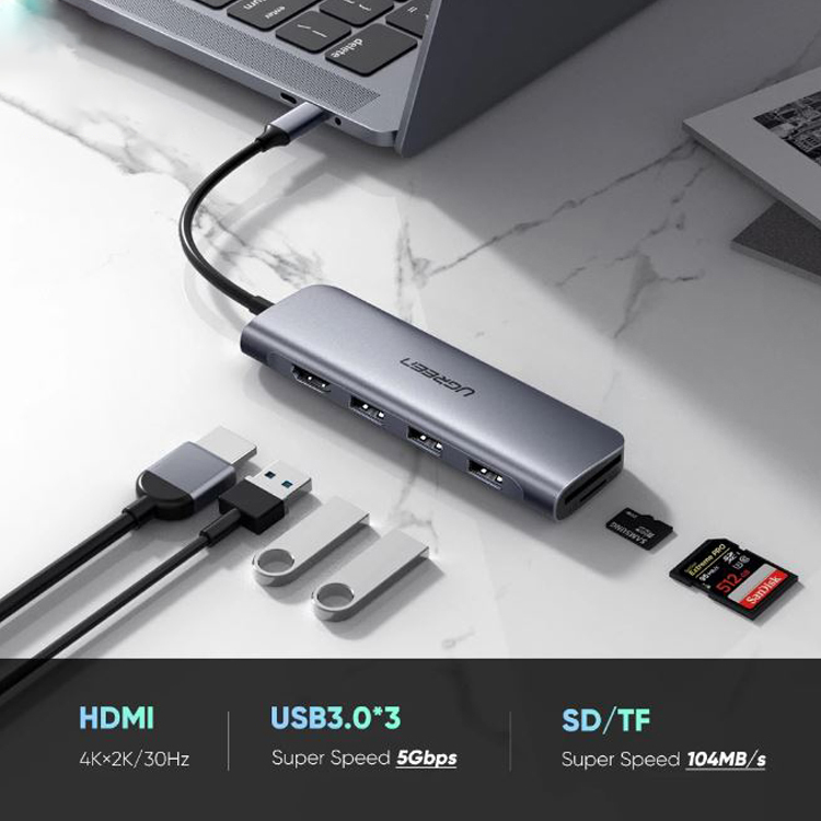 Cáp Usb Type C sang HDMI-USB-Đọc thẻ TF-CF Ugreen 70410