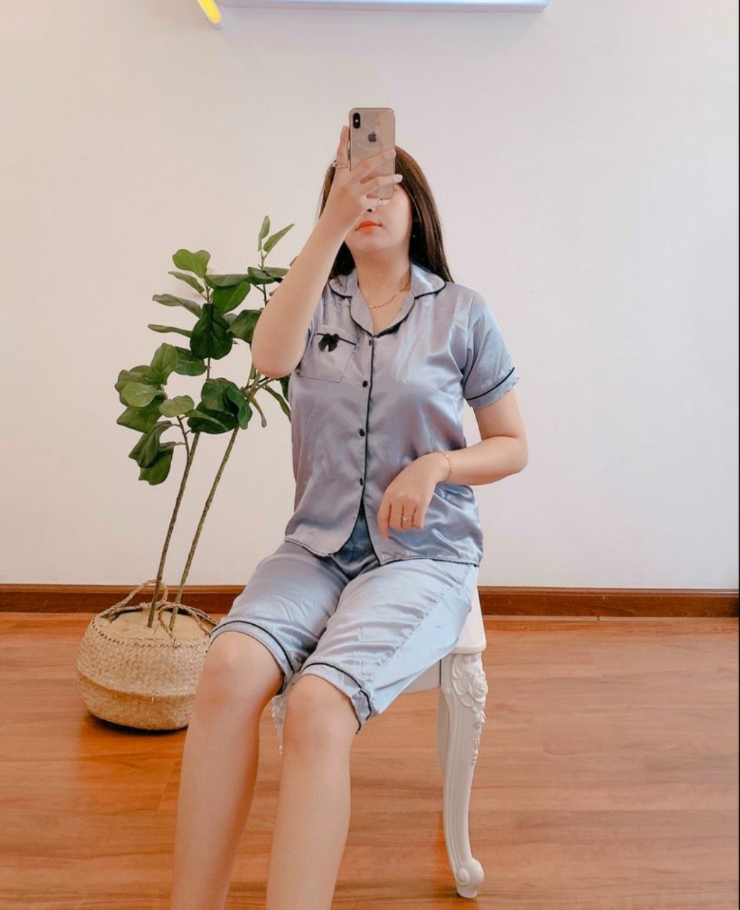 Đồ bộ pizama phi lụa lửng nơ mặc nhà