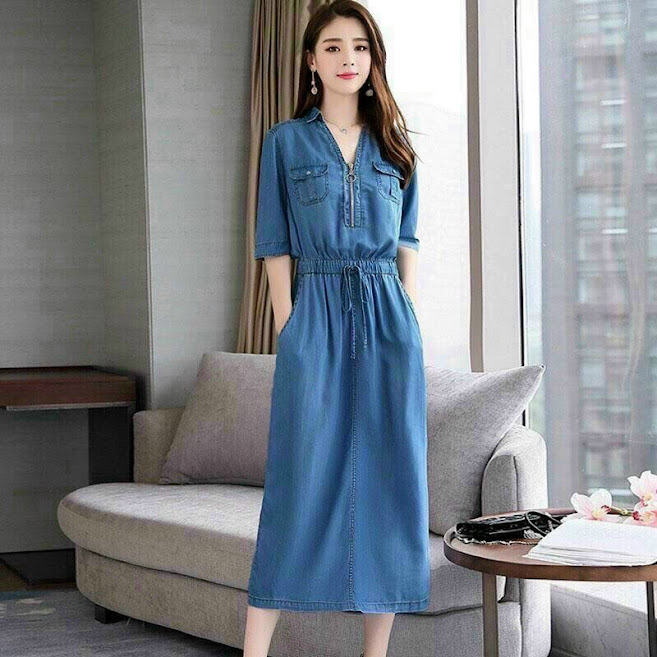 [Hcm] V-Necklace Jean Dress with Zipper
