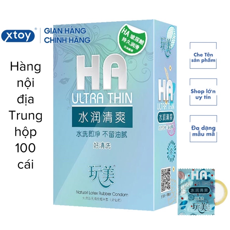 Bao Cao Su HA Ultra Thin hộp 100 cái, siêu mỏng, nhiều gel, bcs gia đình