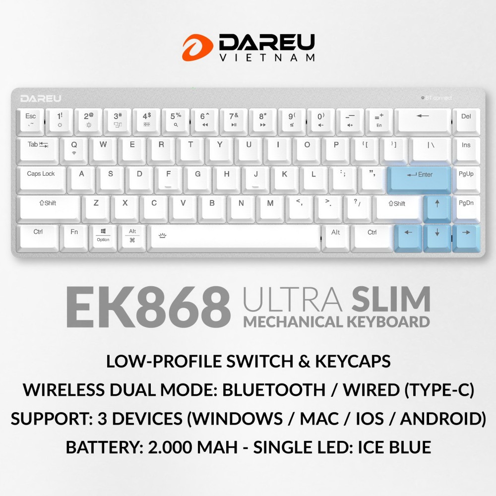 Bàn phím cơ blutooth Dareu EK868 68Key Siêu mỏng - Chính hãng