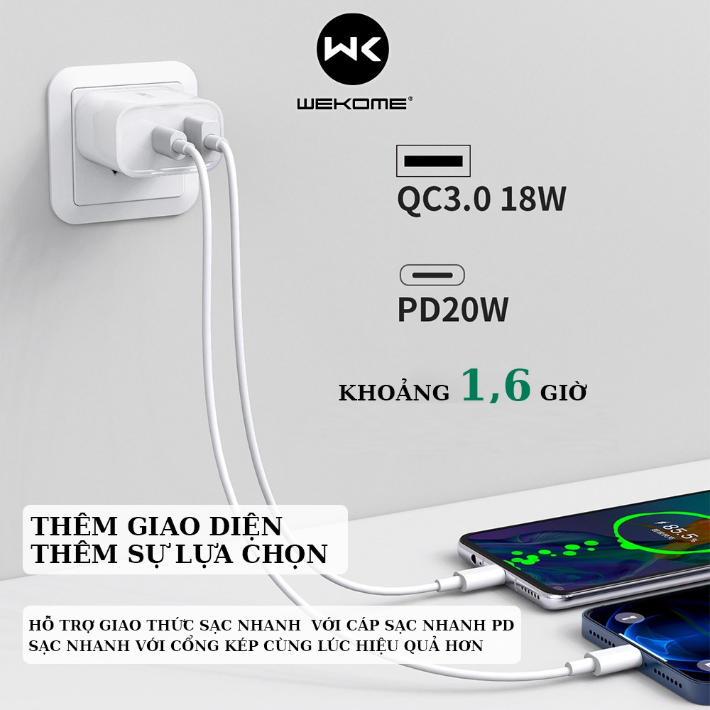 Củ sạc nhanh 20W Wekome WP-U53 2 cổng sạc usb, type-c