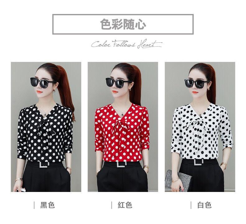 Áo sơ mi nữ chấm bi cổ V thắt nơ