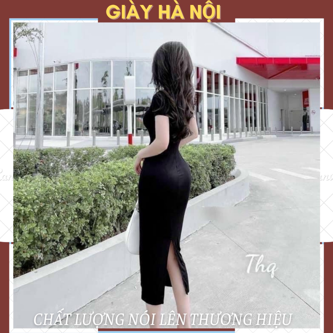 Đầm body cộc tay cổ tròn xẻ tà tôn dáng siêu xinh, váy body co giãn 4 chiều