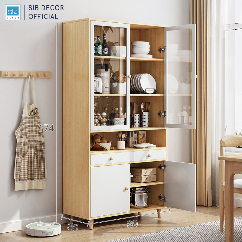 [Giao lắp HCM] Tủ Gỗ Đa Năng Hiện Đại Kết Hợp Cửa Kính Thương Hiệu SIB Decor Màu Trắng Phối Vân Gỗ Sồi