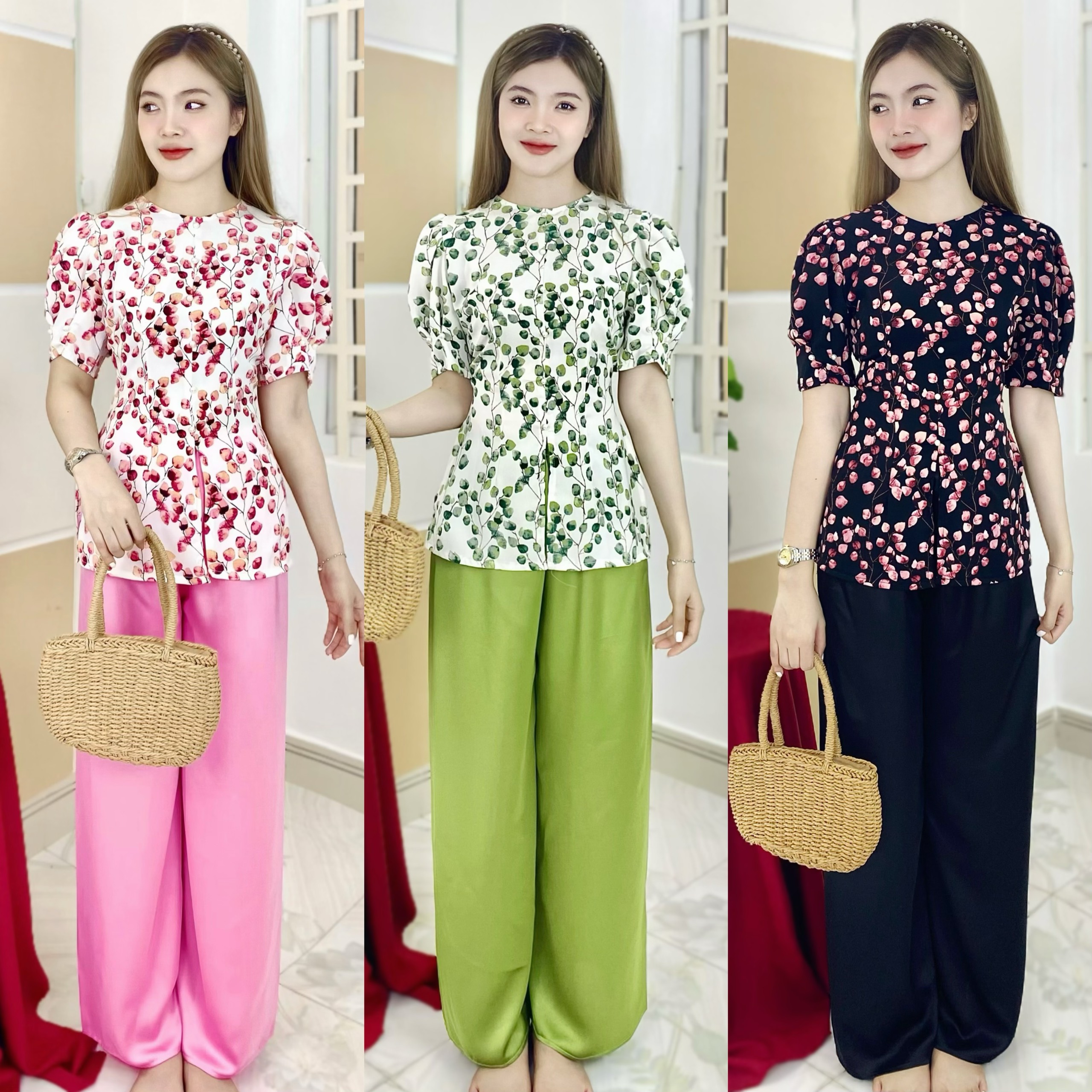 Áo lẻ lụa mango hoa tay búp đính cúc ngọc & Quần lụa trơn L2