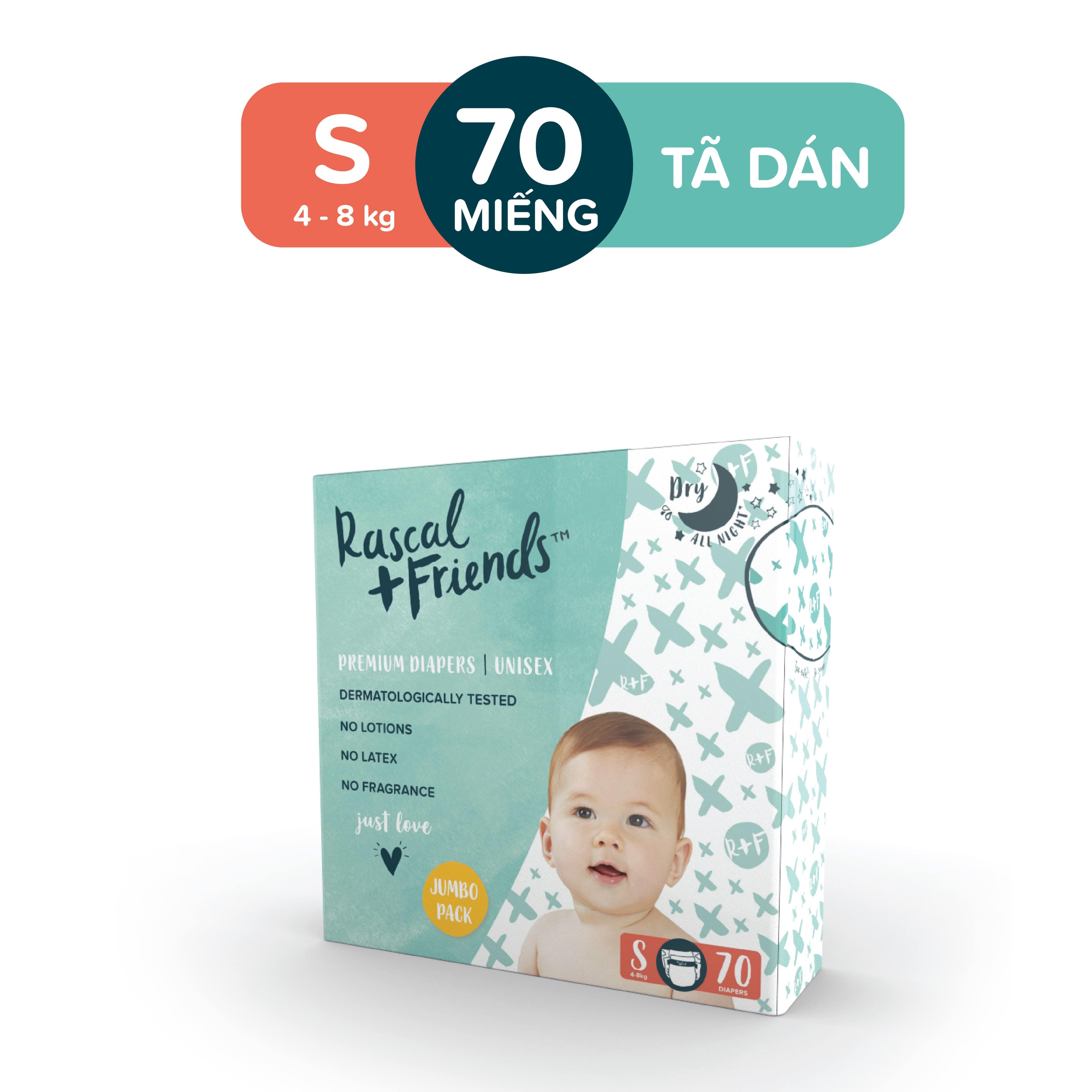 Tã/Bỉm dán Rascal & Friends cho bé 4kg-8kg- Size S 70 miếng