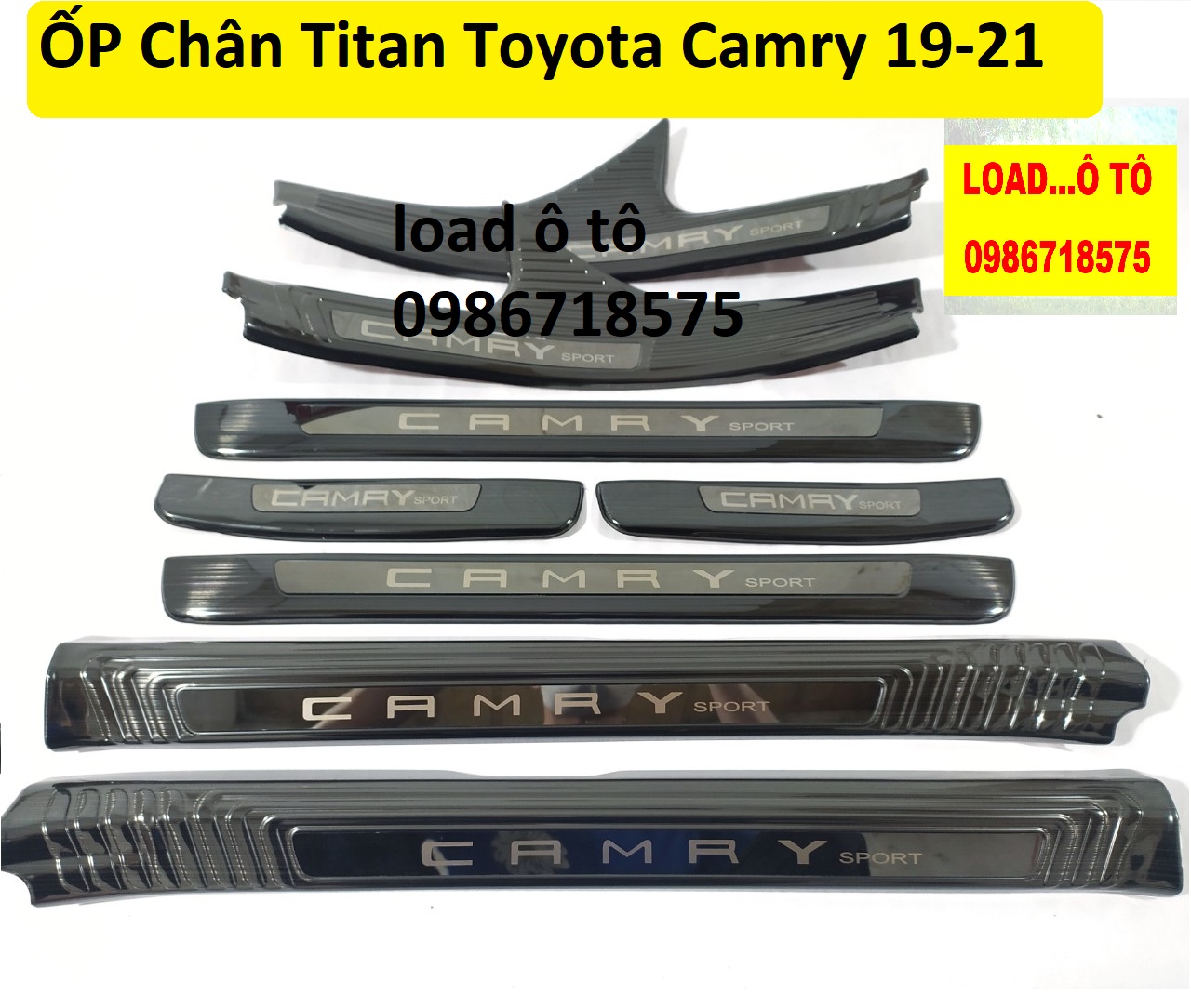 Ốp bậc cửa, nẹp bước chân trong, ngoài xe toyota camry 2023-2019 chất liệu titan cao cấp, chữ bóng camry