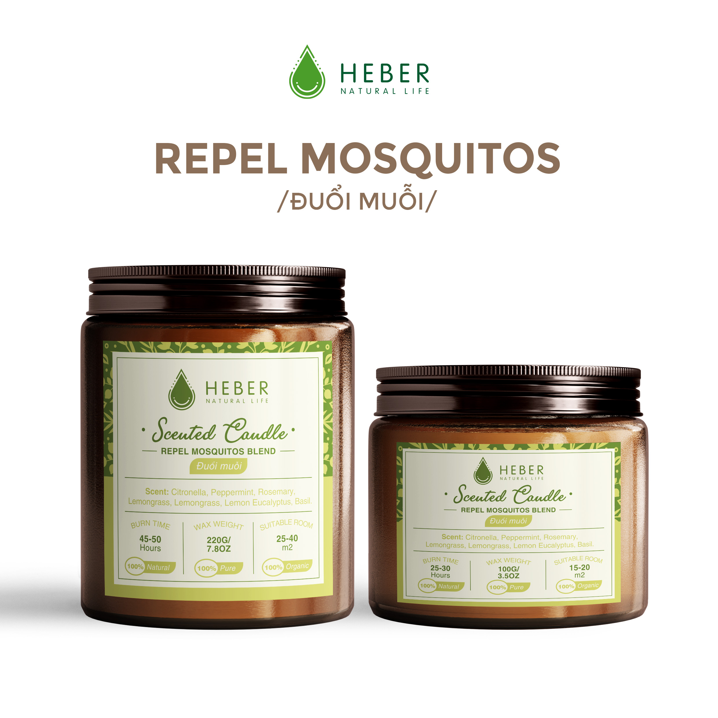 Nến Thơm Đuổi Muỗi - Repel Mosquitos Scented Candle Heber Natural Life Thiên Nhiên Cao Cấp, 100g & 220g