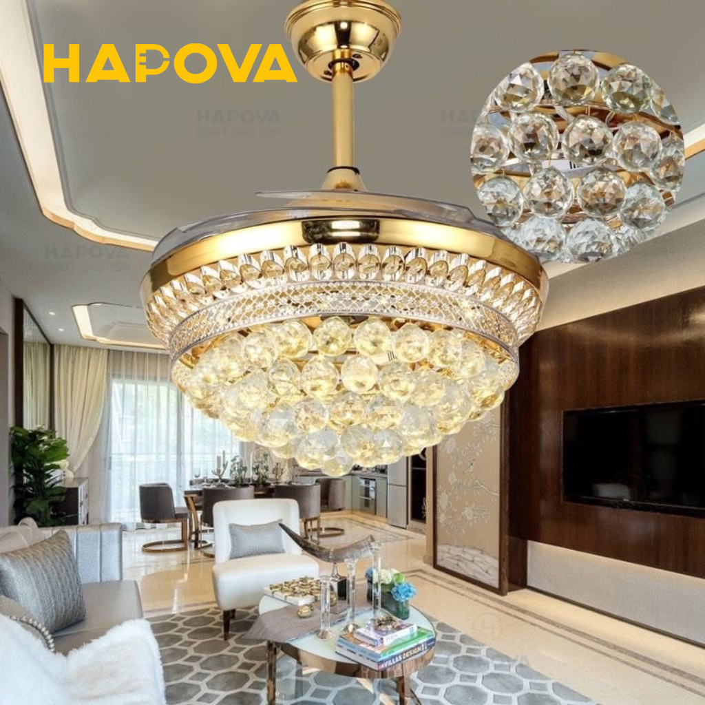Quạt trần đèn, quạt trần đèn dấu cánh trang trí phòng khách Pha lê HAPOVA DQ 8041 Động cơ 6 số + Tặng kèm điều khiển từ xa