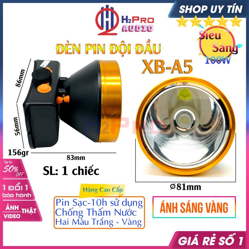 Đèn Pin Đội Đầu Siêu Sáng Led 100W A5, Đèn Pin Đội Đầu Pin Sạc 2400Mah Dùng 8-15H, Chịu Nước-Sáng Trắng-Vàng-H2Pro Audio