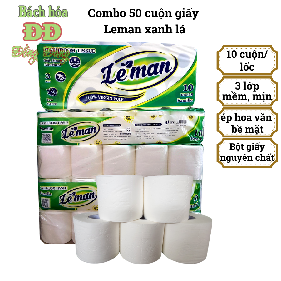 Combo (5 lốc) giấy vệ sinh Leman Xanh Lá 3 lớp (50 cuộn)