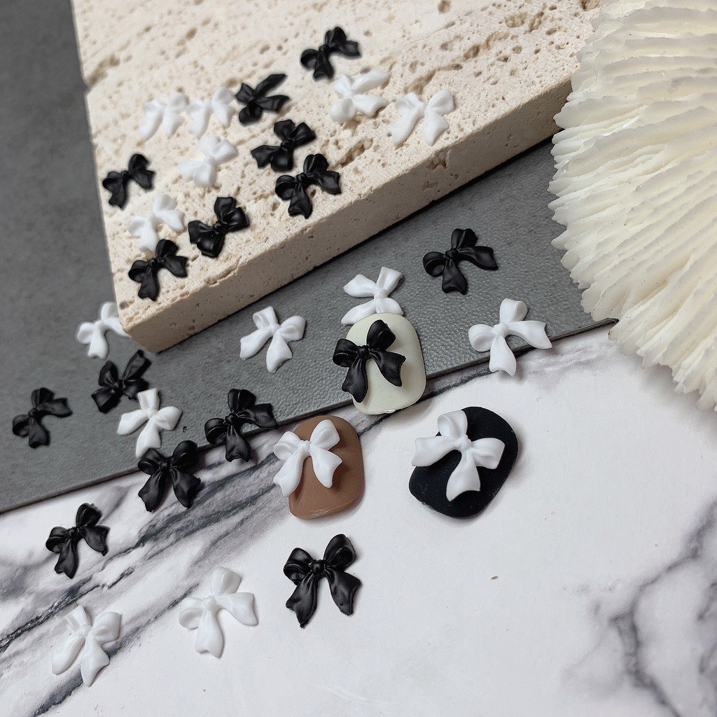 Set charm nơ trắng-đen trang trí móng, nơ trang trí nail
