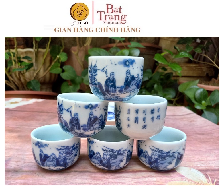 [Bát Tràng]{Giá nhà lò} Bộ 6 chén sứ men lam cao 4 cm (không bao gồm khay){có giao hỏa tốc}