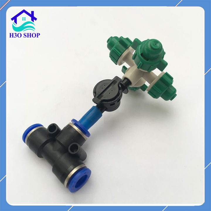 Béc phun sương tưới lan 4 hướng xanh kèm tê nối ống 8mm (tùy chọn van chống rỉ nước)