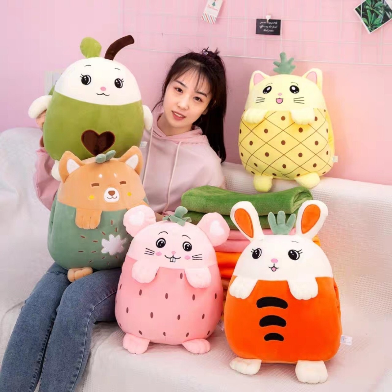 Bộ chăn mền kèm gối đa năng 2in1 hoa quả hình thú cute phô mai que