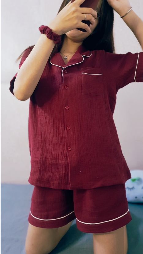 [Feliz.Clothes] Pyjama xô muslin đỏ mận cực xinh