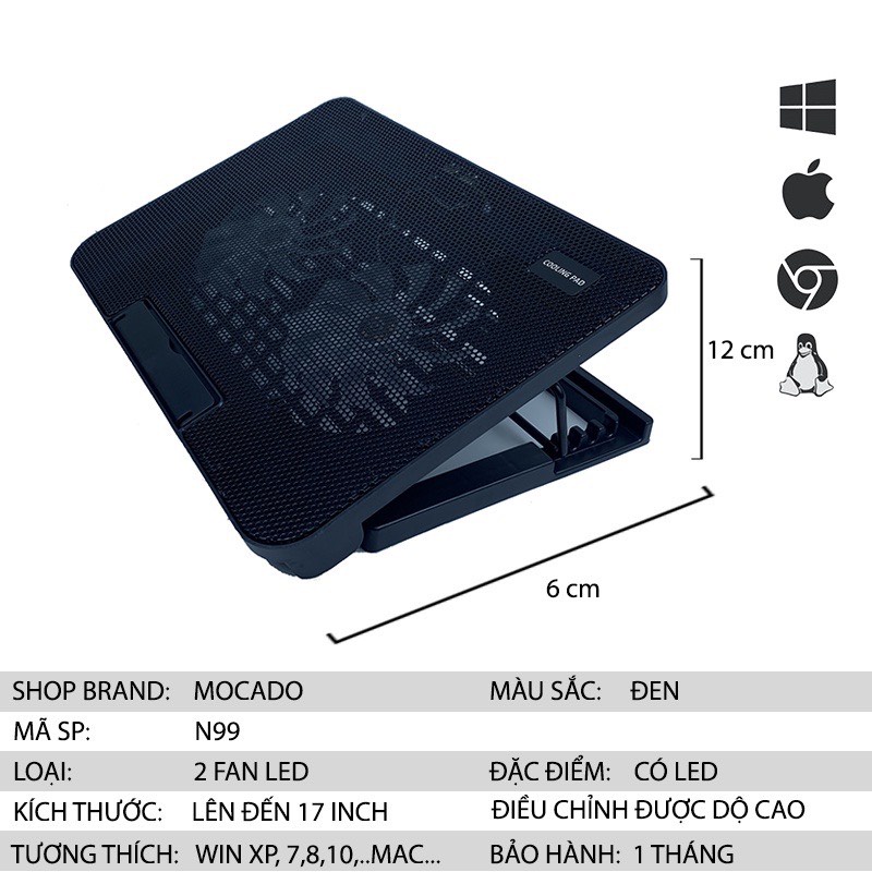 Đế Tản Nhiệt Laptop 2 Quạt Model N99 Sử Dụng Cho LapTop Từ 10-17 Inch Nâng Cao 45 Độ Thoải Mái Làm Việc