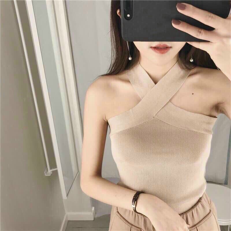 Áo yếm thun gân 2 dây chéo cổ ôm body croptop MC